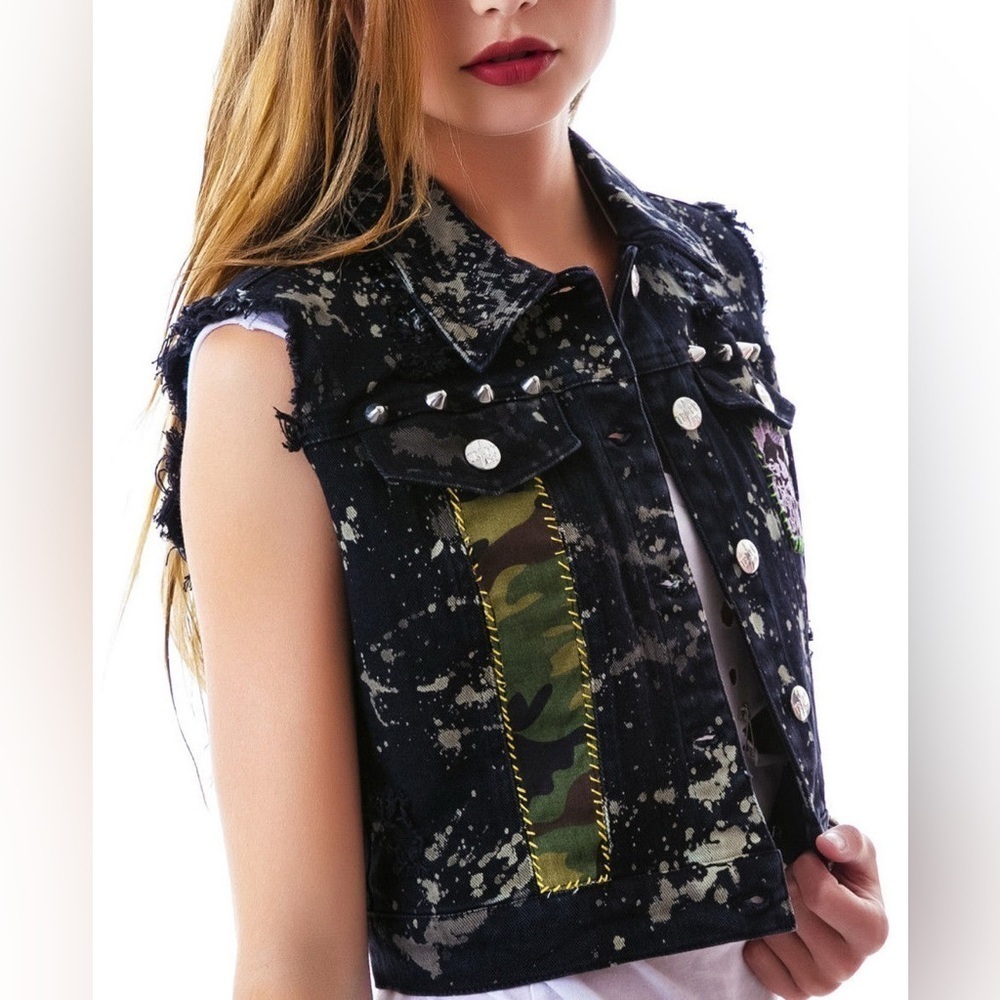 TRIPP NYC Skull Cheetah Print Denim Studded Patchwork Vest Size Small VGUC